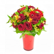 Red Roses And Gerberas In Vase