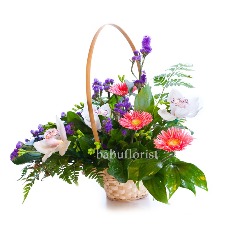 Bright flower bouquet in basket isolated-2